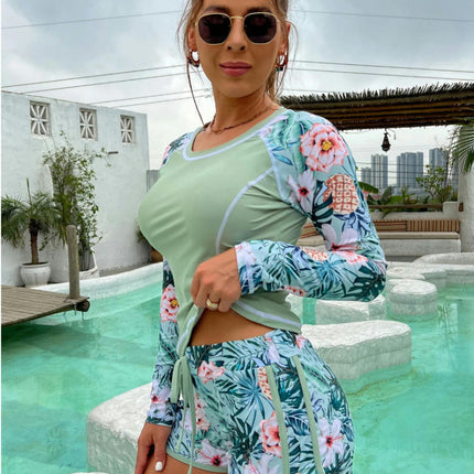 Women Two Piece Rash Guard Long Sleeve Bathing Suit Print Swim Shirt with Boyshorts