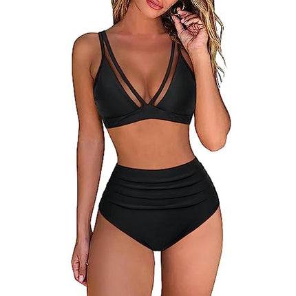 Women's Two Piece V Neck Bikini Swimsuits High Waisted Ruched Tummy Control Swimwear