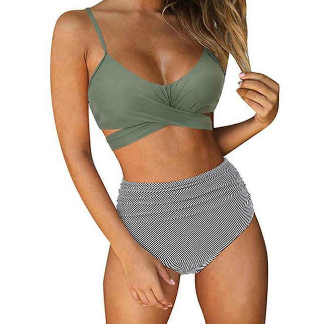 Women's Two Piece Swimsuits Tummy Control High Waisted Bathing Suit Tie Back Swimsuit 1