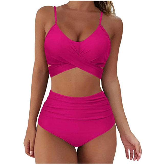 Women's Two Piece Swimsuits Tummy Control High Waisted Bathing Suit Tie Back Swimsuit