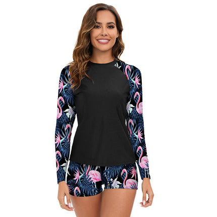 Women Two Piece Rash Guard Long Sleeve Bathing Suit Print Swimwear with Boyshorts