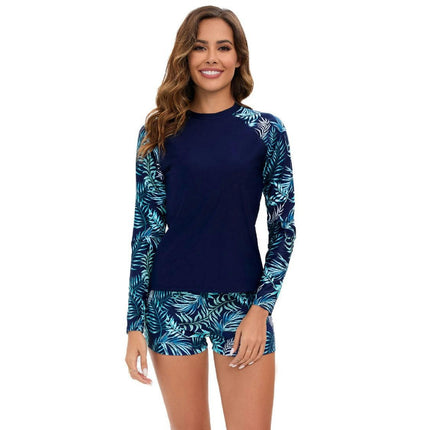 Women Two Piece Rash Guard Long Sleeve Bathing Suit Print Swimwear with Boyshorts