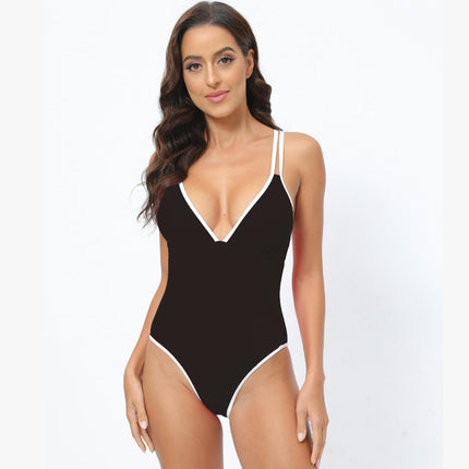 Womens One Piece Swimsuits Tummy Control Criss Cross Back Color Block V Neck Bathing Suit