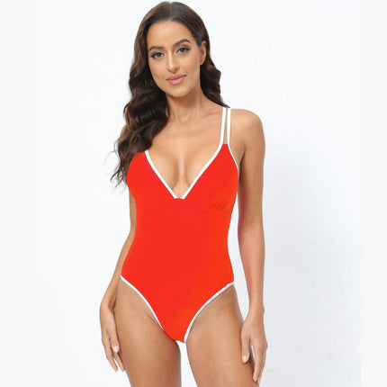 Womens One Piece Swimsuits Tummy Control Criss Cross Back Color Block V Neck Bathing Suit