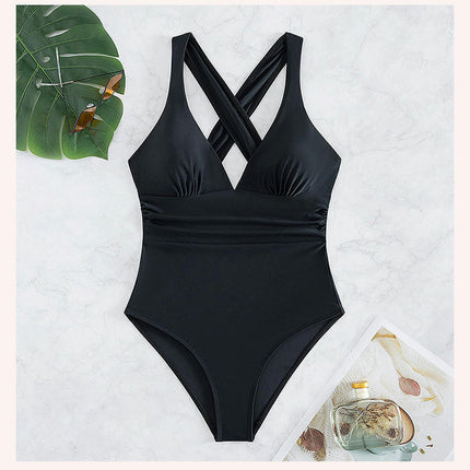 Women's Tummy Control One Piece Swimsuits Criss Cross Back Bathing Suits Sexy V Neck Swimwear