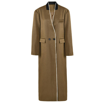 Women's Fashion Long Coat Spring V-neck Casual Coat with Pockets