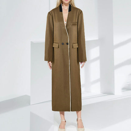 Women's Fashion Long Coat Spring V-neck Casual Coat with Pockets