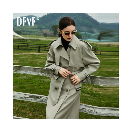 Women's Casual Long Double-Breasted Breasted Lined Trench Coat with Belt