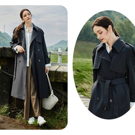 Women's Casual Long Double-Breasted Breasted Lined Trench Coat with Belt