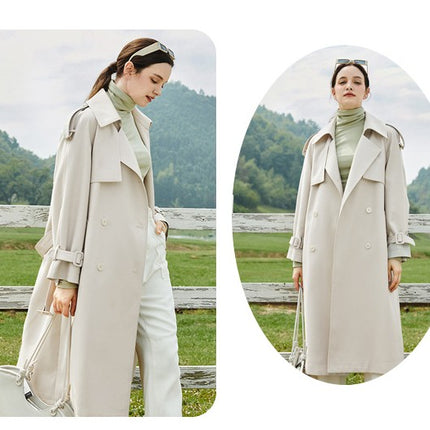 Women's Casual Long Double-Breasted Breasted Lined Trench Coat with Belt