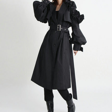 Women Spring Long Ruffled Soft Trench Coat For Belt Elegant Designer Clothes Coat