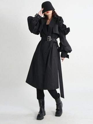 Women Spring Long Ruffled Soft Trench Coat For Belt Elegant Designer Clothes Coat