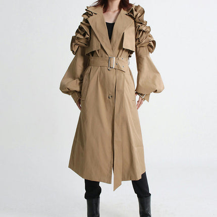 Women Spring Long Ruffled Soft Trench Coat For Belt Elegant Designer Clothes Coat