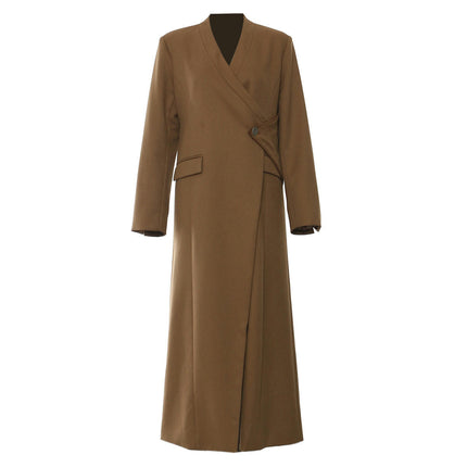 Women's Extra Long V-Neck Suit Coat Irregular Structure Long Trench Coat