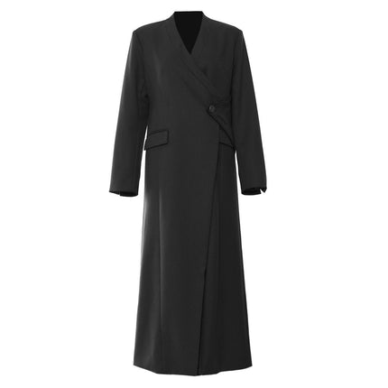 Women's Extra Long V-Neck Suit Coat Irregular Structure Long Trench Coat