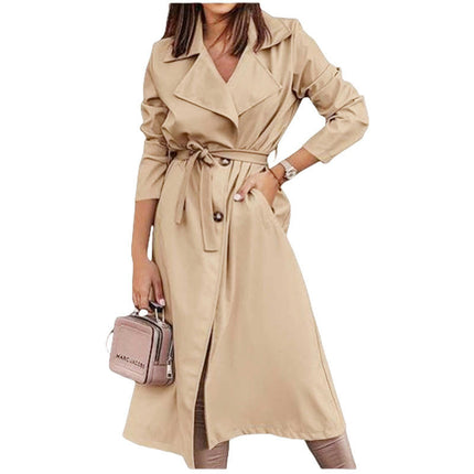 Women's Double Breasted Long Trench Coat Windproof Classic Lapel Coat With Belt