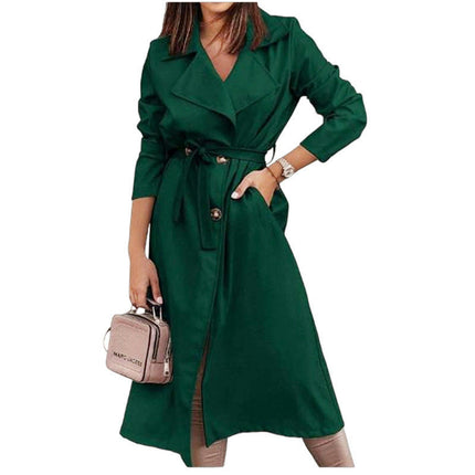 Women's Double Breasted Long Trench Coat Windproof Classic Lapel Coat With Belt