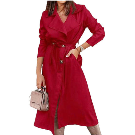 Women's Double Breasted Long Trench Coat Windproof Classic Lapel Coat With Belt