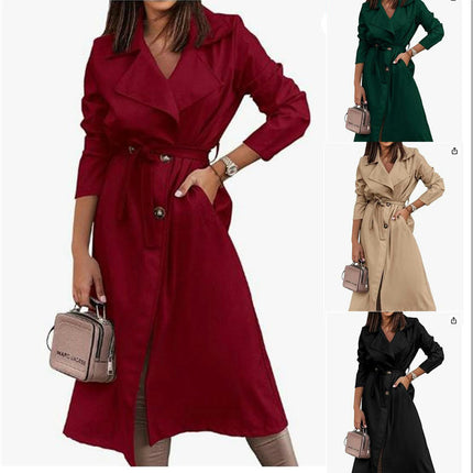 Women's Double Breasted Long Trench Coat Windproof Classic Lapel Coat With Belt