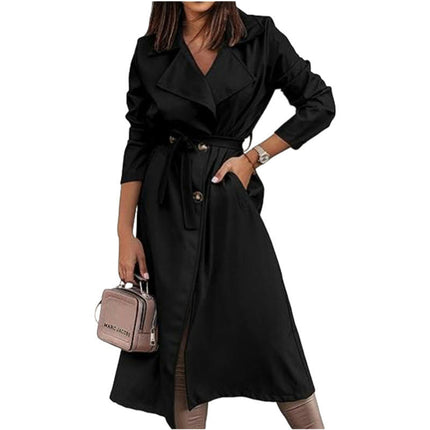 Women's Double Breasted Long Trench Coat Windproof Classic Lapel Coat With Belt