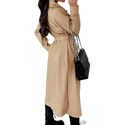 Women's Double Breasted Long Trench Coat Windproof Classic Lapel Coat With Belt