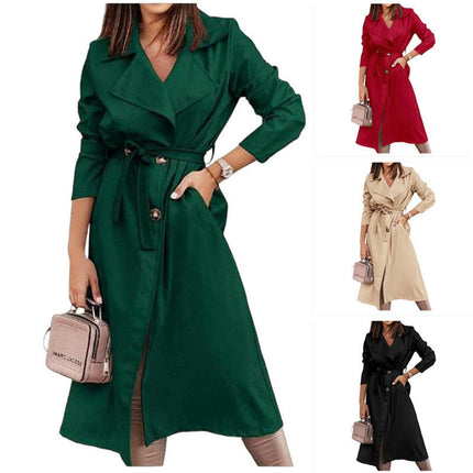 Women's Double Breasted Long Trench Coat Windproof Classic Lapel Coat With Belt