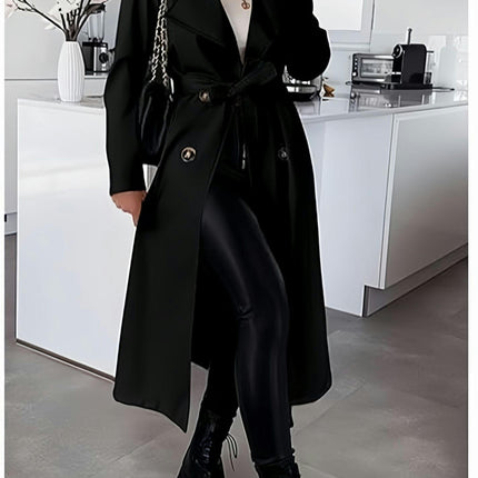 Women's Double Breasted Long Trench Coat Windproof Classic Lapel Coat With Belt