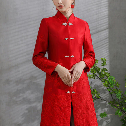 Women's Embroidery Chinese Style Retro Long Sleeve Mid-length Dress Coat