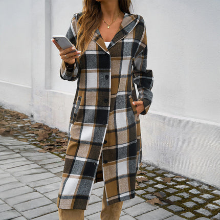 Women's Plaid Jacket Mid-Length Trench Coat Autumn Contrast Breasted Coat with Pockets