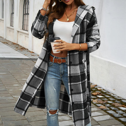 Women's Plaid Jacket Mid-Length Trench Coat Autumn Contrast Breasted Coat with Pockets