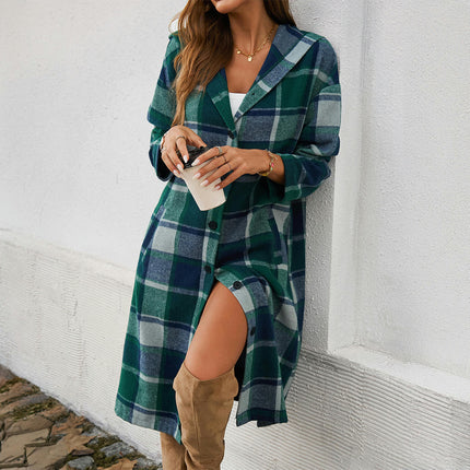 Women's Plaid Jacket Mid-Length Trench Coat Autumn Contrast Breasted Coat with Pockets