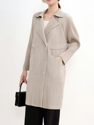 Women's Pleated Double-Breasted Long-Sleeved Jacket-Casual Loose Suit Collar Cape Coat