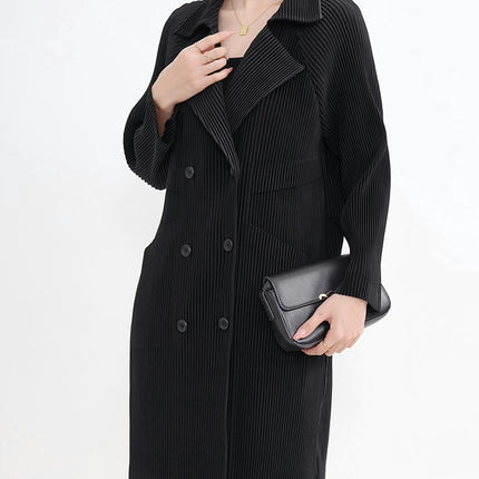 Women's Pleated Double-Breasted Long-Sleeved Jacket-Casual Loose Suit Collar Cape Coat