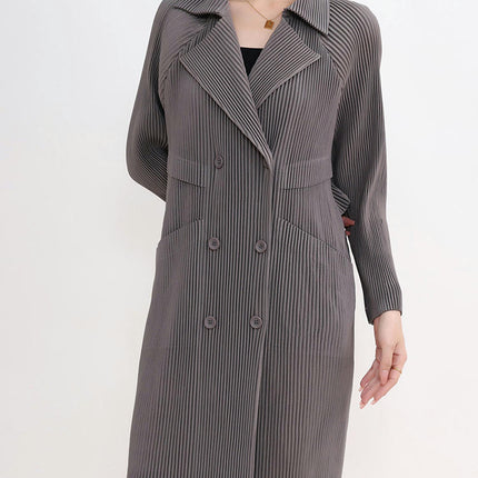 Women's Pleated Double-Breasted Long-Sleeved Jacket-Casual Loose Suit Collar Cape Coat