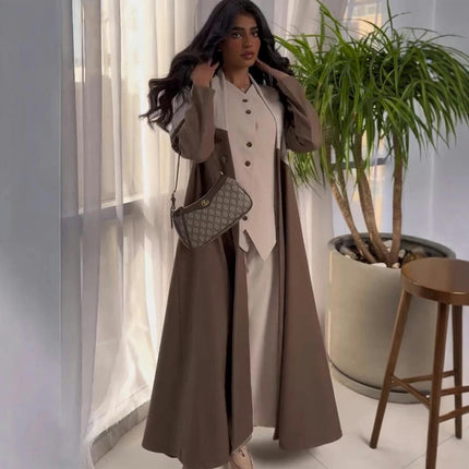 Women's Contrast Button Coat Waisted Maxi Floor Length Coat