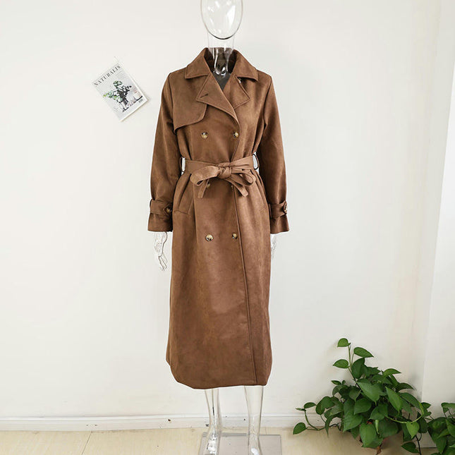 Womens Faux Suede Long Trench Coat Notched Lapel Double Breasted Pea Coat Overcoat with Belt