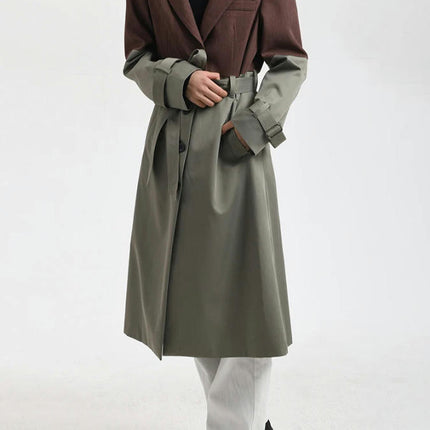 Women's Winter Contrast Color Long Single Breasted Trench Coat with Belt