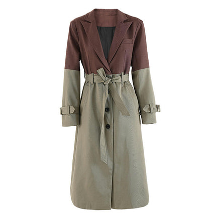 Women's Winter Contrast Color Long Single Breasted Trench Coat with Belt