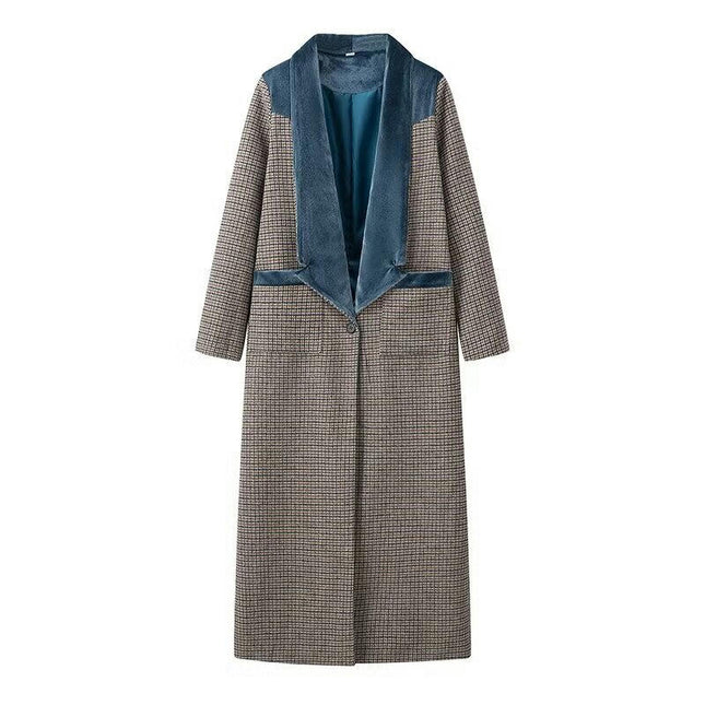 Women's Plaid Woolen Coat - Scarf Collar Single Button Long Trench Coat