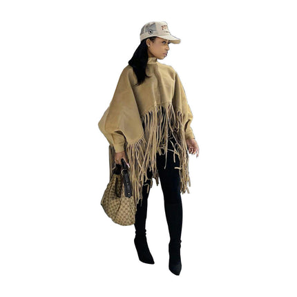 Women's Autumn and Winter Deerskin Fringed Cape Coat