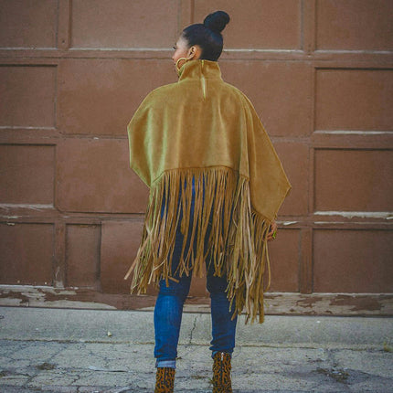 Women's Autumn and Winter Deerskin Fringed Cape Coat