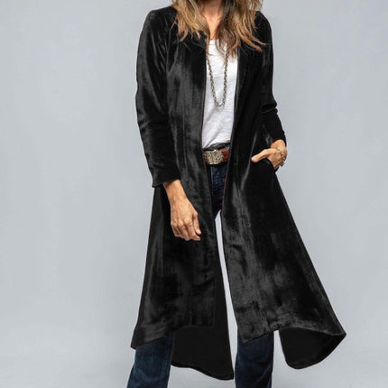 Women's Long Velvet Cardigan Jacket Lapel Collar Open Front Coat