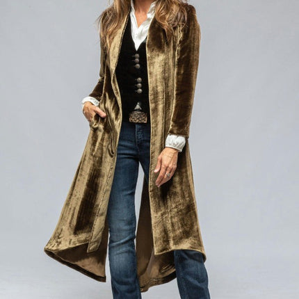 Women's Long Velvet Cardigan Jacket Lapel Collar Open Front Coat