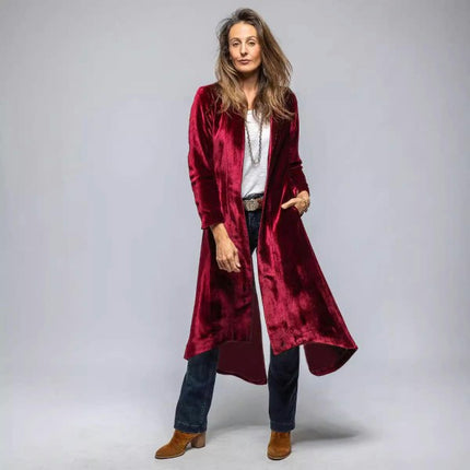 Women's Long Velvet Cardigan Jacket Lapel Collar Open Front Coat