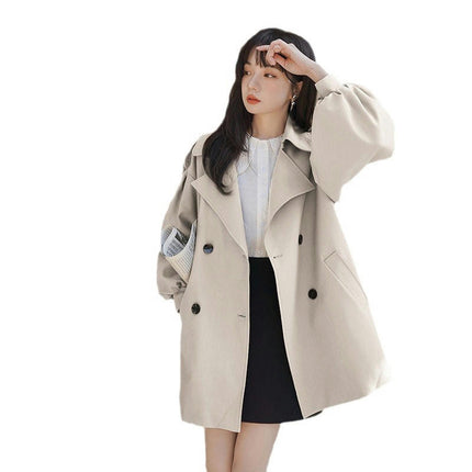 Women's Short Windbreaker Jacket-Loose Double Breasted Style Lantern Sleeve Coat