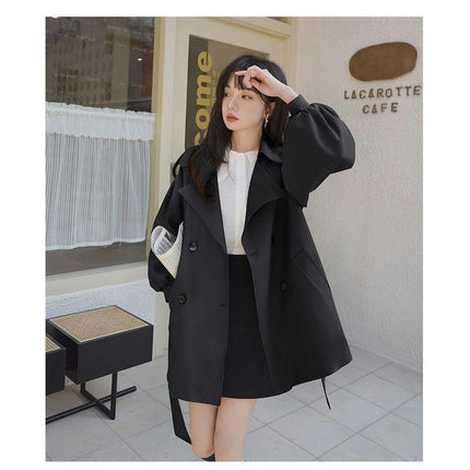 Women's Short Windbreaker Jacket-Loose Double Breasted Style Lantern Sleeve Coat