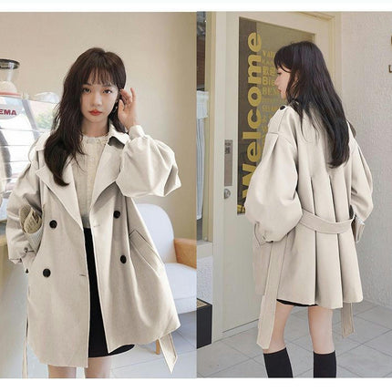 Women's Short Windbreaker Jacket-Loose Double Breasted Style Lantern Sleeve Coat