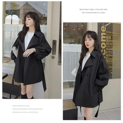 Women's Short Windbreaker Jacket-Loose Double Breasted Style Lantern Sleeve Coat