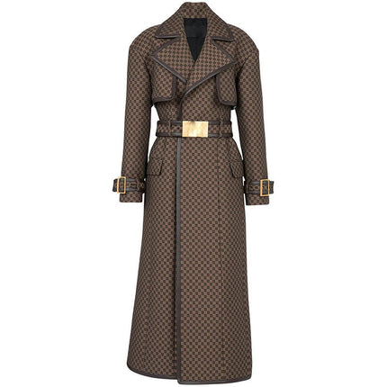 Women's Fashion Leather Coat - Belted Small Check Pattern Long Trench Coat