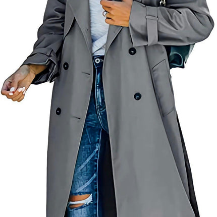 Womens Oversized Long Trench Coat Double Breasted Lapel Windproof Overcoat